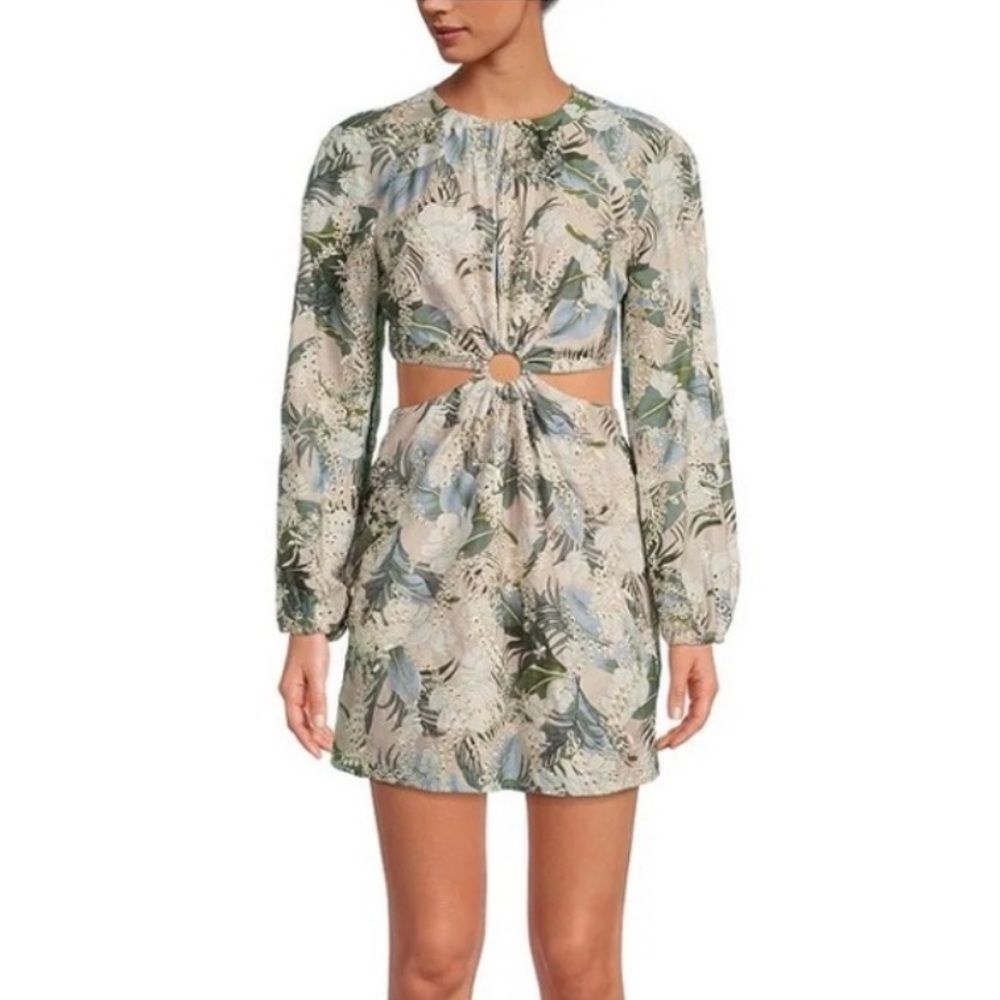 Gianni Bini NWT Tinsley Eyelet Palm Print Long Sleeve Cut-out Dress Moss Size 0